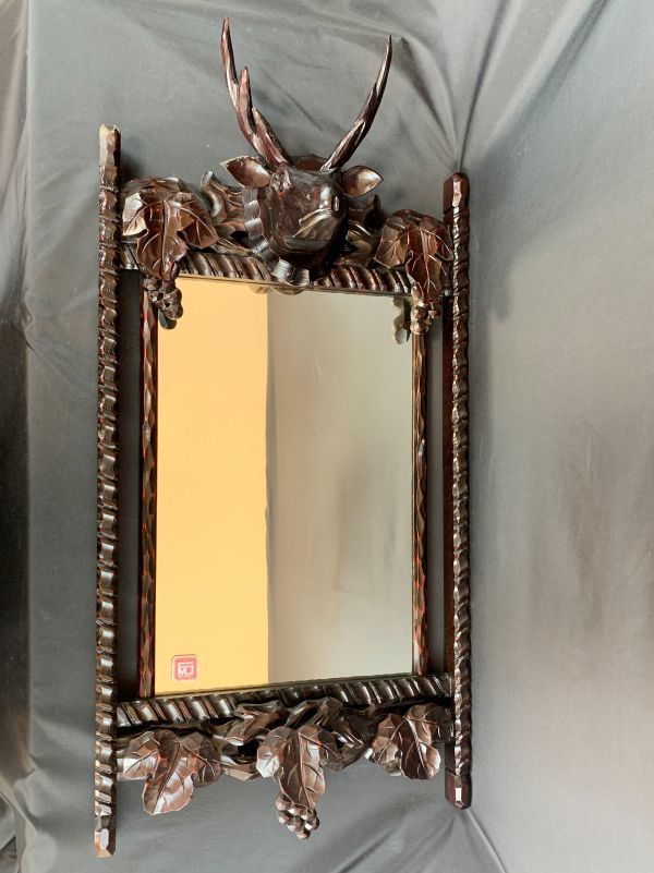 zu2H1cJ004 鹿 葡萄 ウォールミラー 彫刻 木製 壁掛け鏡 姿見