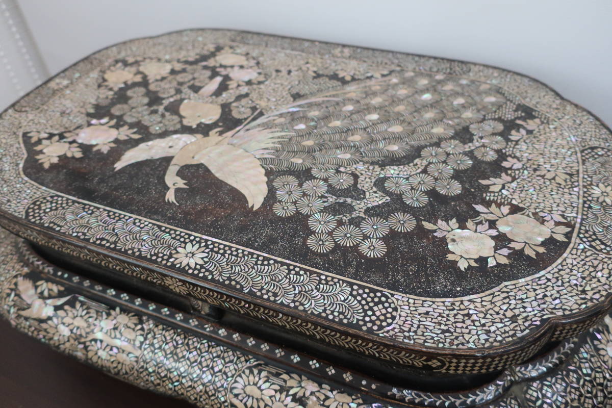 中国美術 時代 黒漆嵌螺鈿細工 古玩 鳳凰図 花台 香炉台 高:21.5  