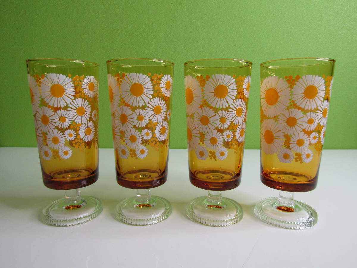 UKH-2【中古】昭和レトロ 花柄グラス 4客セット 黄色 オレンジ 