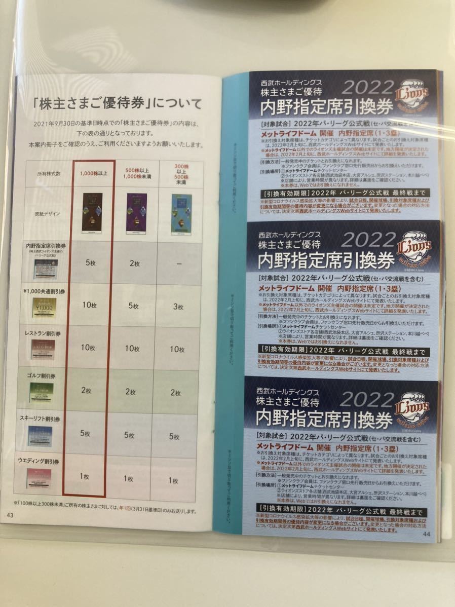【未使用】西武ホールディングス 株主優待 1，000株冊子　西武ライオンズ内野指定券、施設共通1，000円割引券、スキーリフト割引券など