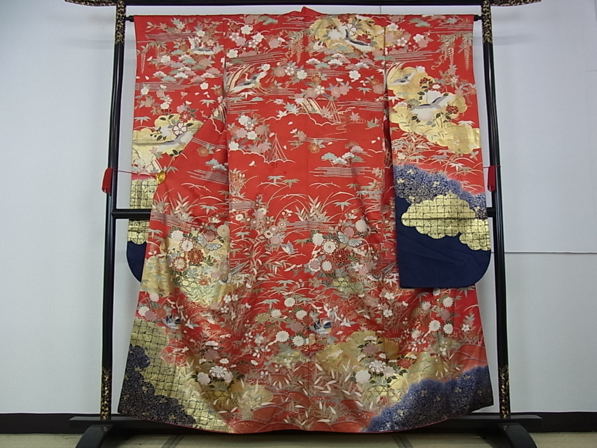 着物屋こころ□豪華振袖 駒刺繍 飛鶴花蝶文 鴛鴦 金彩 正絹