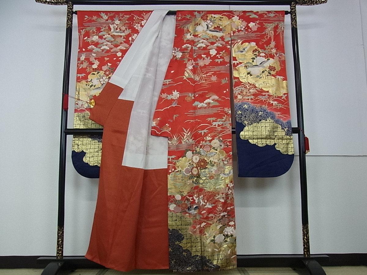 着物屋こころ□豪華振袖 駒刺繍 飛鶴花蝶文 鴛鴦 金彩 正絹
