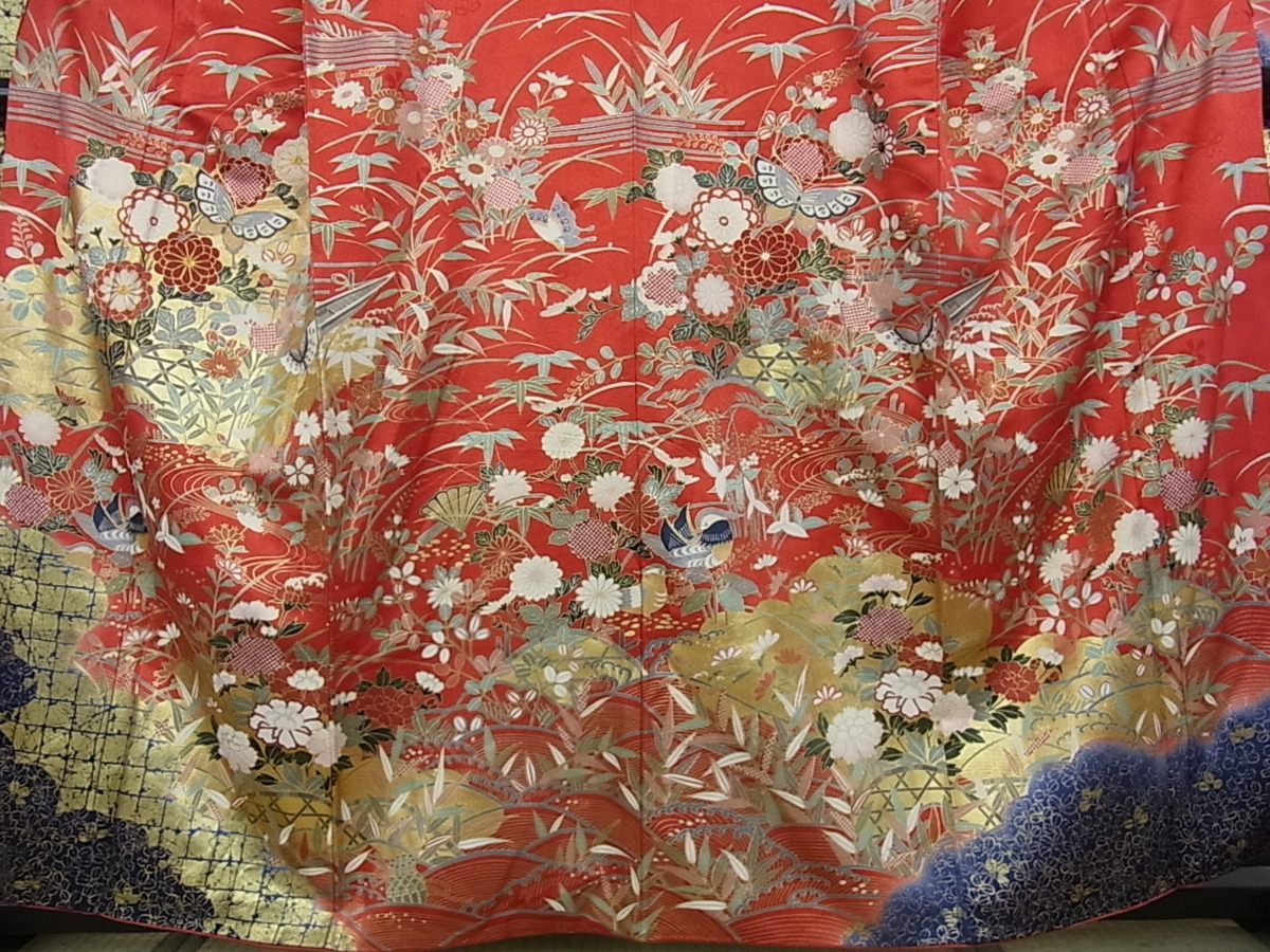 着物屋こころ□豪華振袖 駒刺繍 飛鶴花蝶文 鴛鴦 金彩 正絹