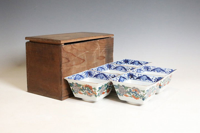 中国美術 五彩唐草牡丹紋角碗 唐物色絵向付 五客 木箱附（F379）
