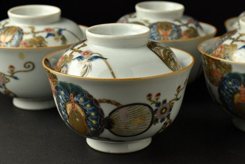 【蔵c7768b】古伊万里　色絵金彩　丸紋　蓋茶碗　五客
