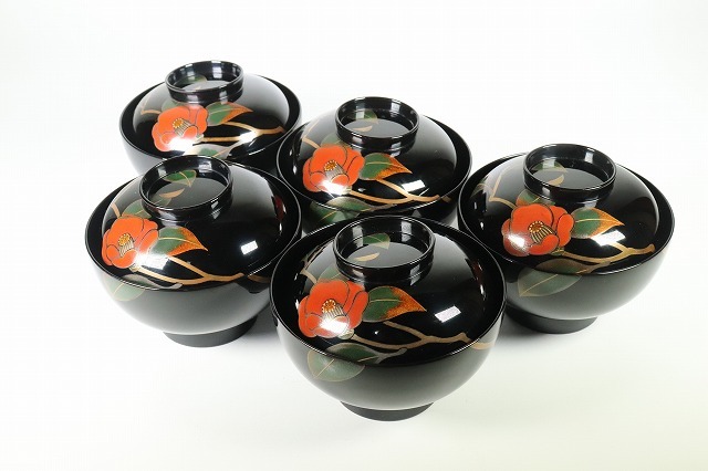 初心出品 元岡光漆堂 輪島塗 椿蒔絵 吸物椀 五客 共箱(椀)｜売買された
