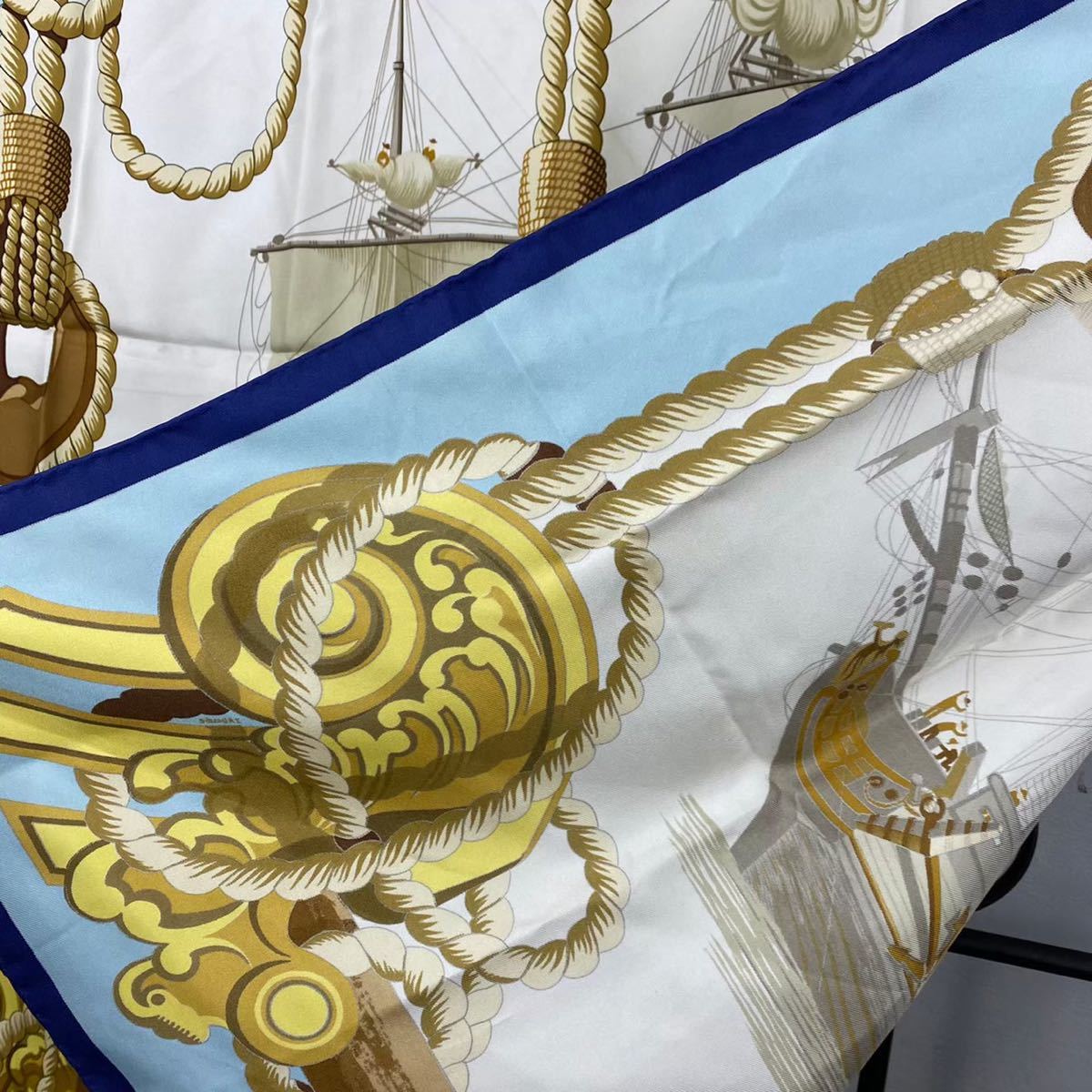 HERMESエルメス　カレ90 Tribord 帆船 大判スカーフ　❤︎ HERMES CARRES90 Tribord SILK 100% LARGE SIZE SCARF MADE IN FRANCE