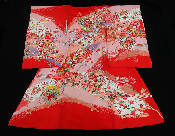 inagoya■お子様の成長を祝う【女の子 初着・産着】赤 正絹 中古 着用可 お宮参り・練習用v2408nr