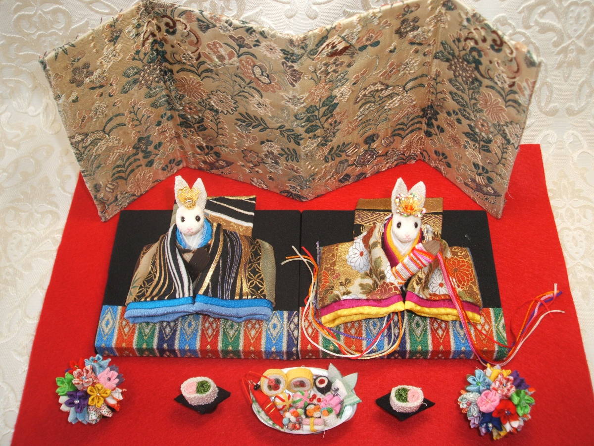 3・うさぎの縮緬人形・おひな様・ハンドメイド・雪洞、屏風