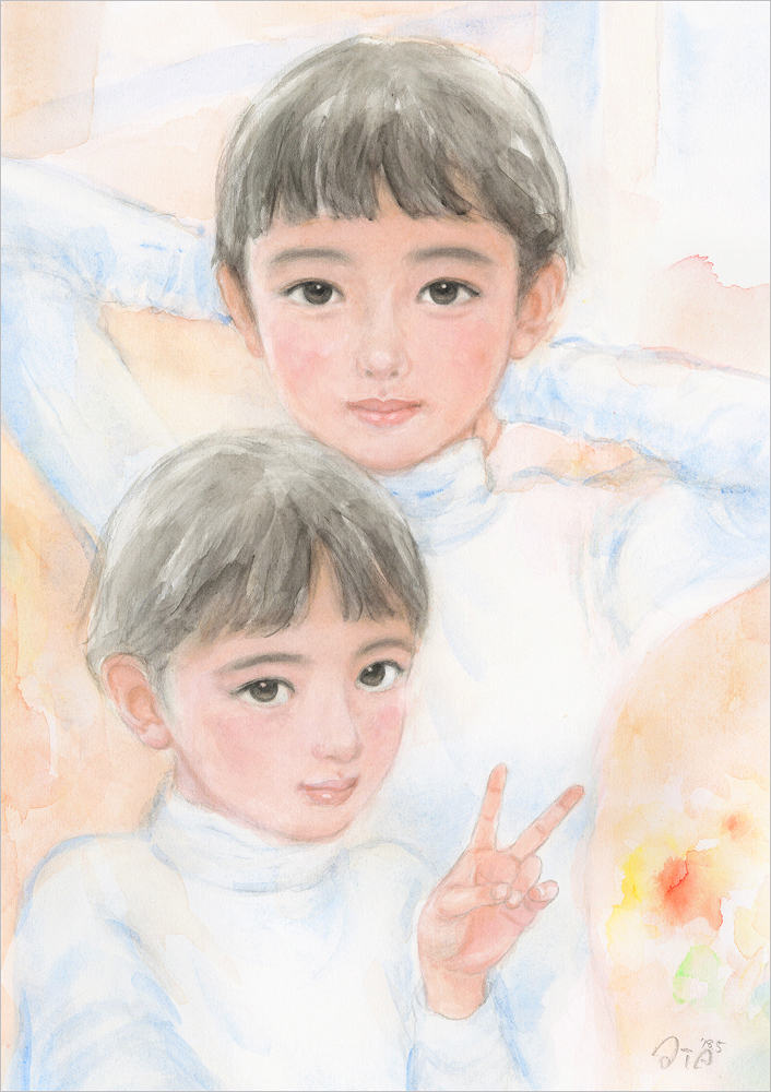 おおた慶文の原画「自撮りする姉妹」／子供画 新品の額装付 送料無料