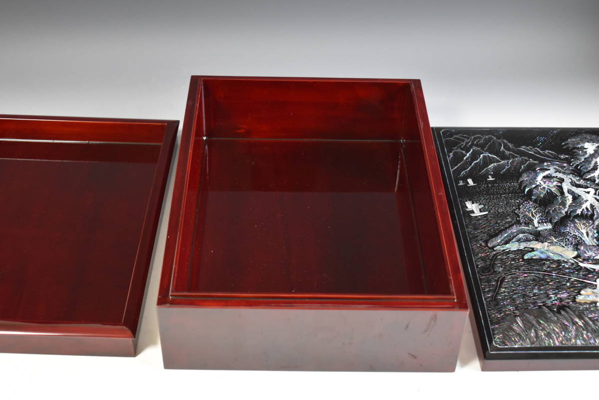 書道具　黒漆　玉石螺鈿装飾　花蝶文　硯箱　時代箱付　G　R7807 書道具 黒漆 玉石螺鈿装飾 花蝶文 硯箱 時代箱付 G R7807