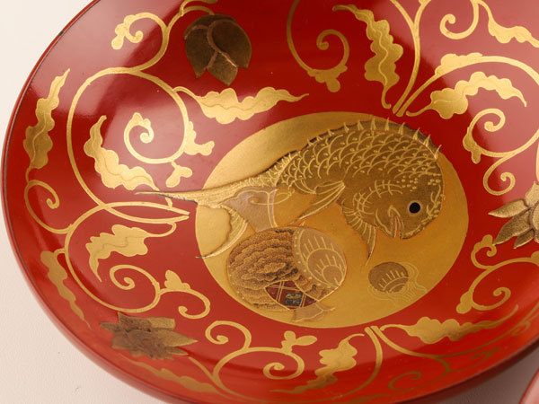 流】木製漆器 朱塗本金鯛蒔絵盃二十客 箱付 DB334