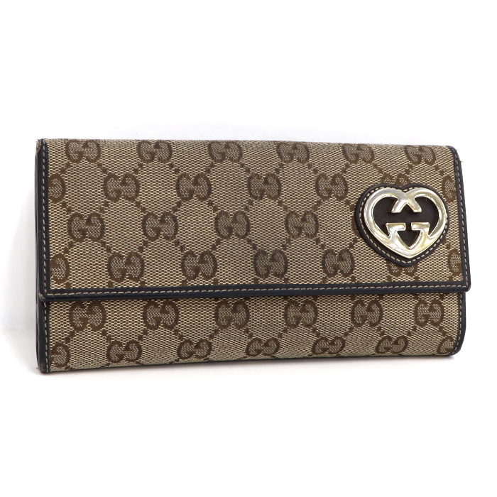 GUCCI Wホック 二つ折り長財布 ラブリーハート GGキャンバス ベージュ 
