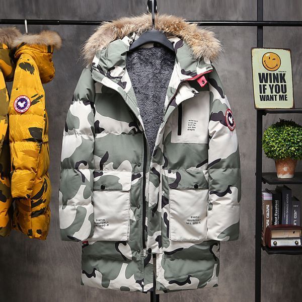 ダウンジャケット ミリタリー メンズ 迷彩 綿入れ 厚手 おしゃれ 裏起毛 ロング ジャケット スキー 登山 アウター 防風 防寒 緑 Ｌ～4ＸＬ