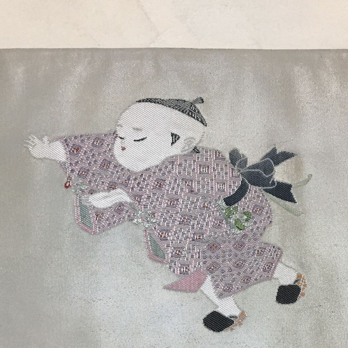 初代由水十久 うなゐ帯□グレー 袋帯 正絹□長嶋成織物□わらべ 童子 