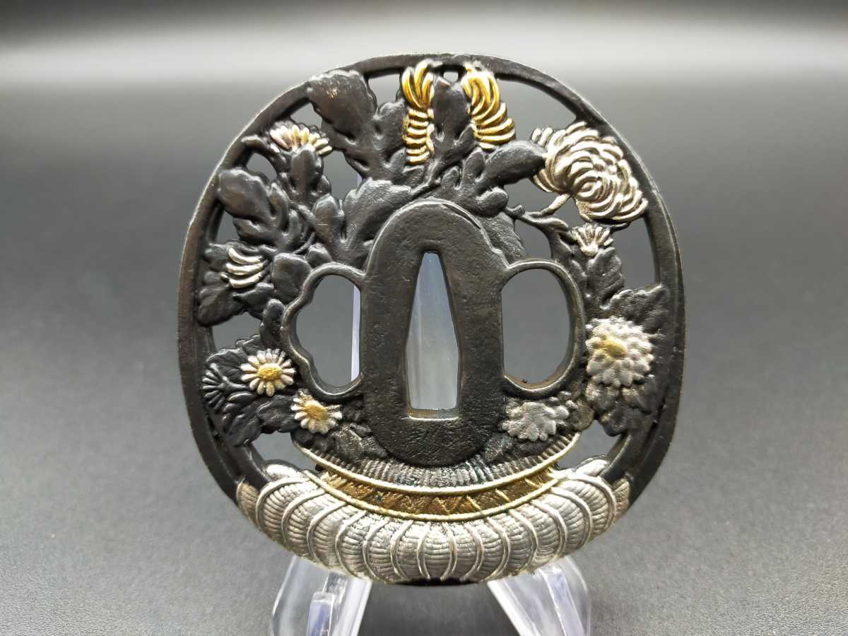 Q6319 刀鍔 花図 銅地 絵金銀 日本刀装具 鍔 つば 鐔 刀鐔 刀の鍔