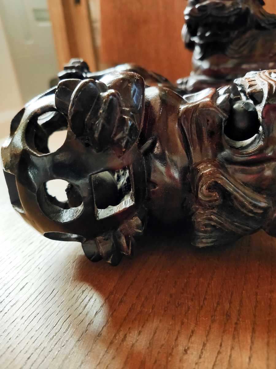 木彫り 狛犬 透かし彫り 開運 玉乗り狛犬 置物 アンティーク 魔除け 玉
