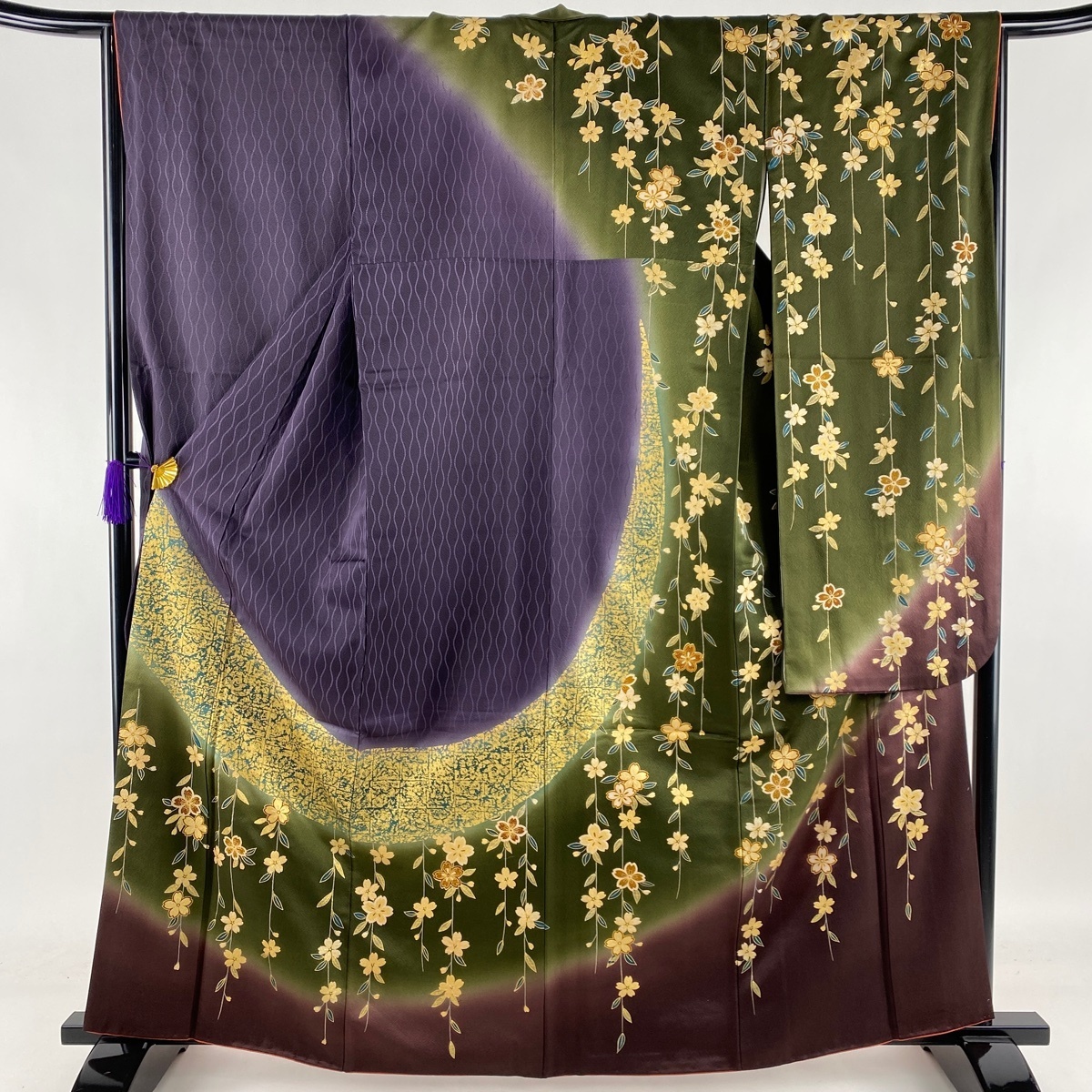 振袖 名品 枝垂桜 金彩 染め分け 濃紫 袷 身丈164cm 裄丈66cm M 正絹