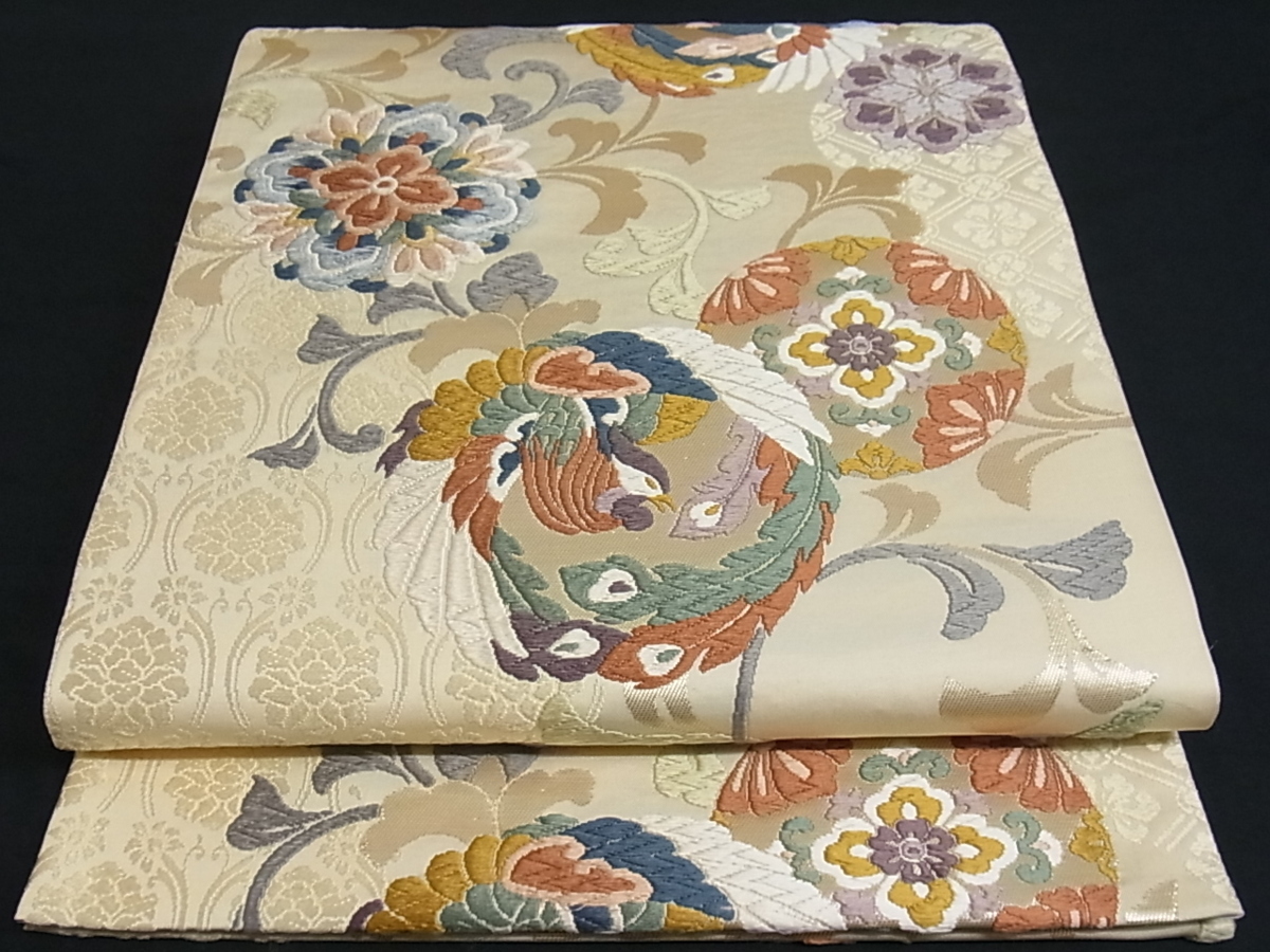 着物屋こころ 六通柄袋帯 慶祥唐織 花唐草丸文 鳳凰 金糸 正絹