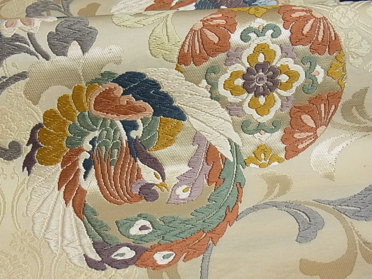 着物屋こころ 六通柄袋帯 慶祥唐織 花唐草丸文 鳳凰 金糸 正絹