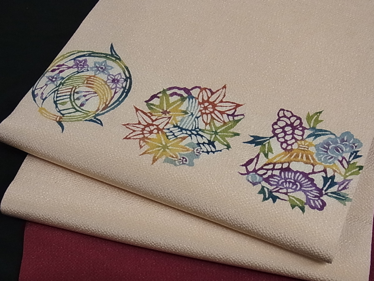 【最新作，新作登場】 着物屋こころ 九寸名古屋帯 型染め 草花風景丸文 鬼しぼ縮緬 正絹 逸品 sx331(仕立て上がり)｜売買されたオークション情報、yahooの商品情報をアーカイブ公開 - オークファン 仕立て上がり