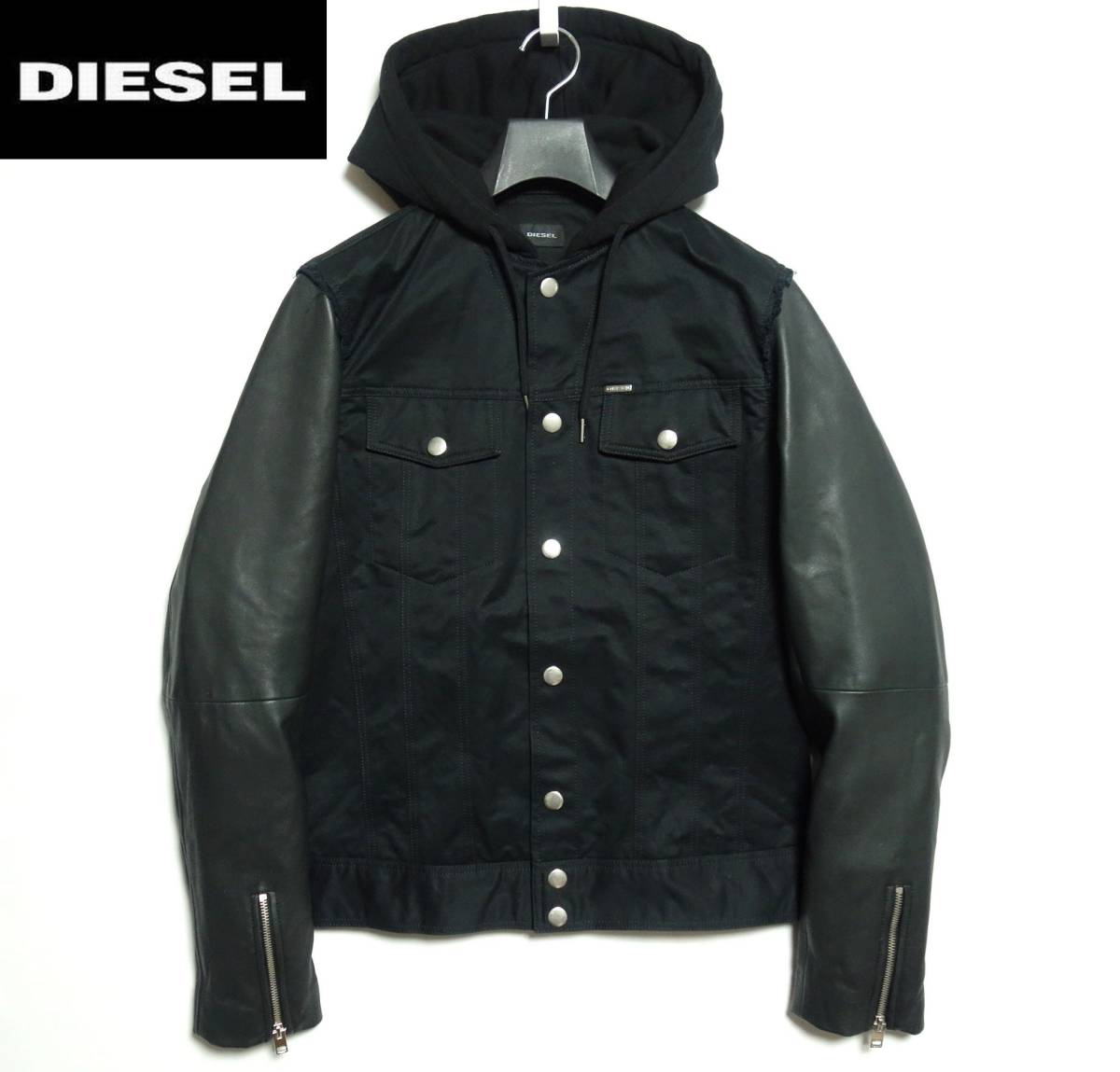 良品□DIESEL ディーゼル 袖レザー切替 フード付き Gジャン ジャケット 