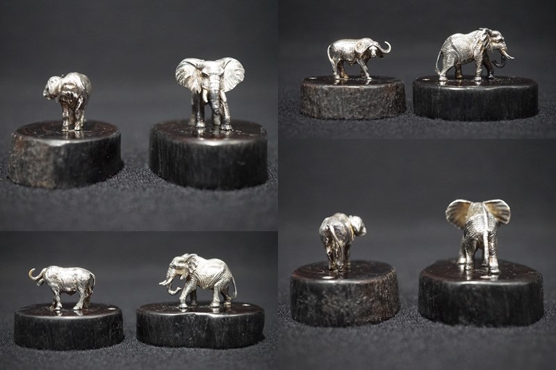 銀細工】Patrick Mavros ミニチュア動物5点セット 黒檀台 置物