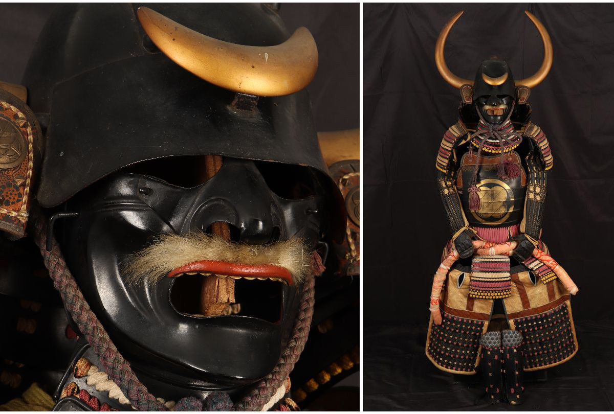 URA]丸に違い鷹の羽紋等身大鎧一式/角脇立兜/約168cm/4-2-316(検)骨董
