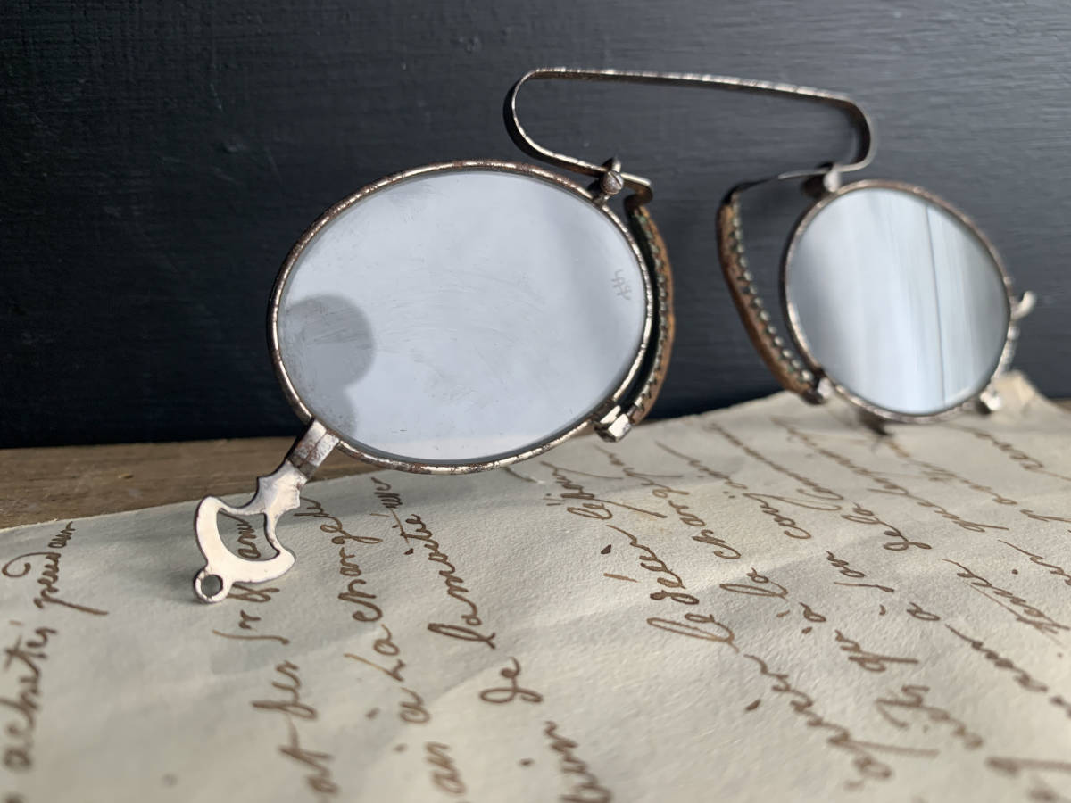 フランス 1900-30s つるなし 眼鏡 ラウンド セルロイド ボストン 