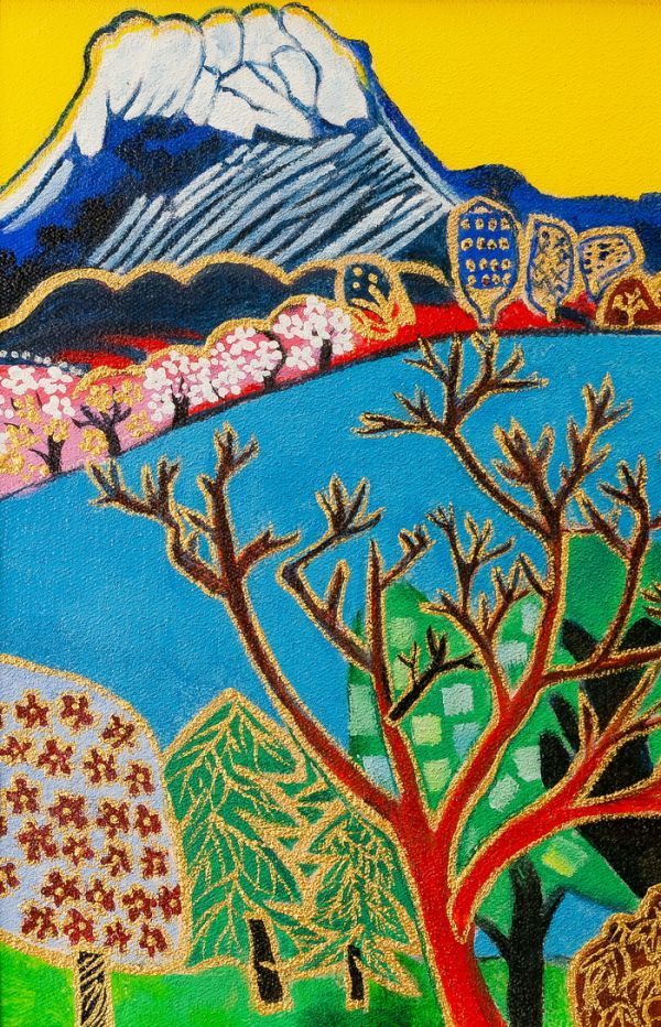 □片岡球子□油彩＋岩粉 肉筆『屈斜路湖』表サイン(印譜) 裏書(印譜  