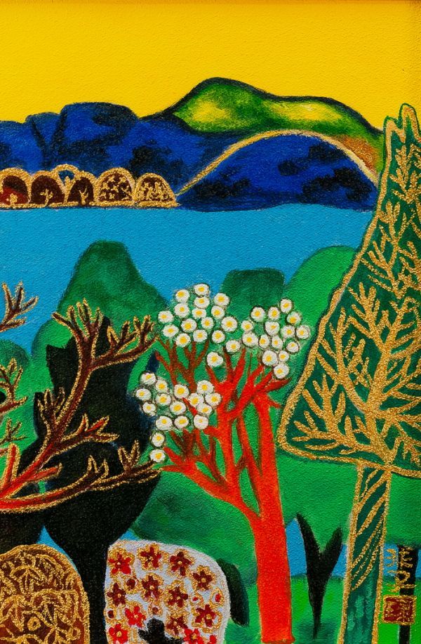 □片岡球子□油彩＋岩粉 肉筆『屈斜路湖』表サイン(印譜) 裏書(印譜  