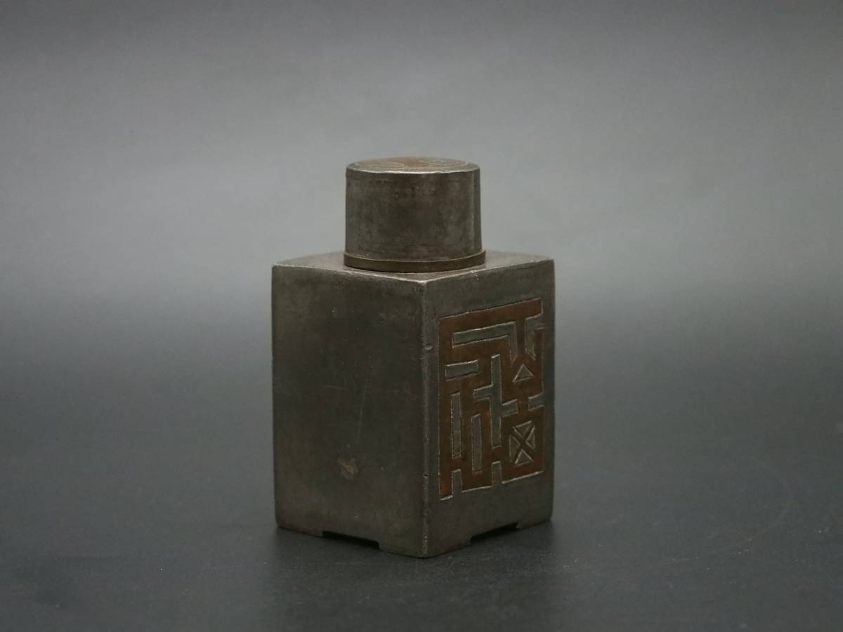煎茶道具　錫製　乾茂號造　茶壷　茶心壷　山本山款　木箱付　D　R4804 旧家蔵出し 乾茂自造 古錫製 四方型 茶壷 茶心 茶入れ 煎茶道具 在銘