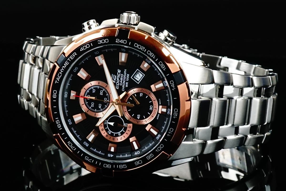 1円×3本 カシオ 逆輸入 EDIFICE ピンクゴールド 100m防水 クロノグラフ 
