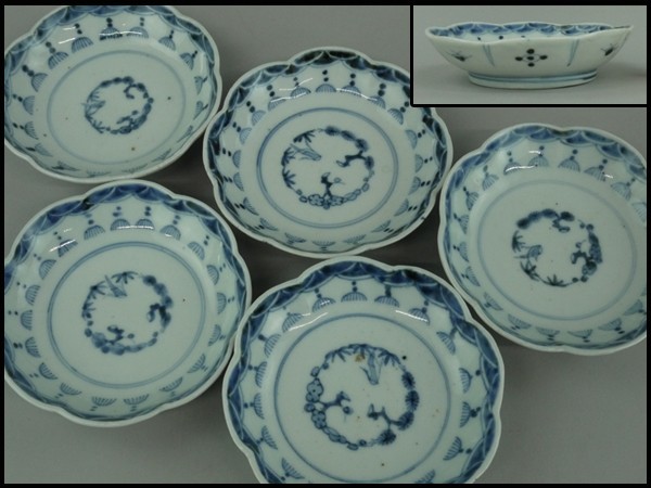 a 古伊万里 染付輪花形帛紗模様小皿/四寸皿 五客揃