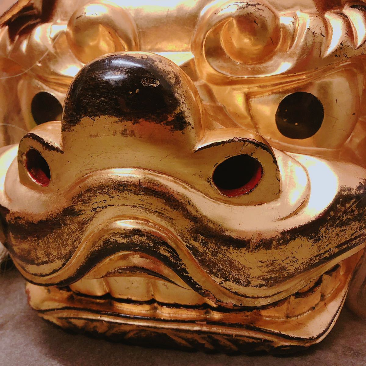 貴重◇神田 獅子舞 獅子頭 金箔 木彫 時代 骨董 古道具 お祭り 縁起