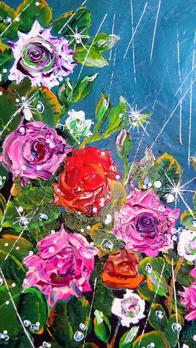 新藤淑子【雨の薔薇】1点物。真作。原画。絵画。直筆サイン