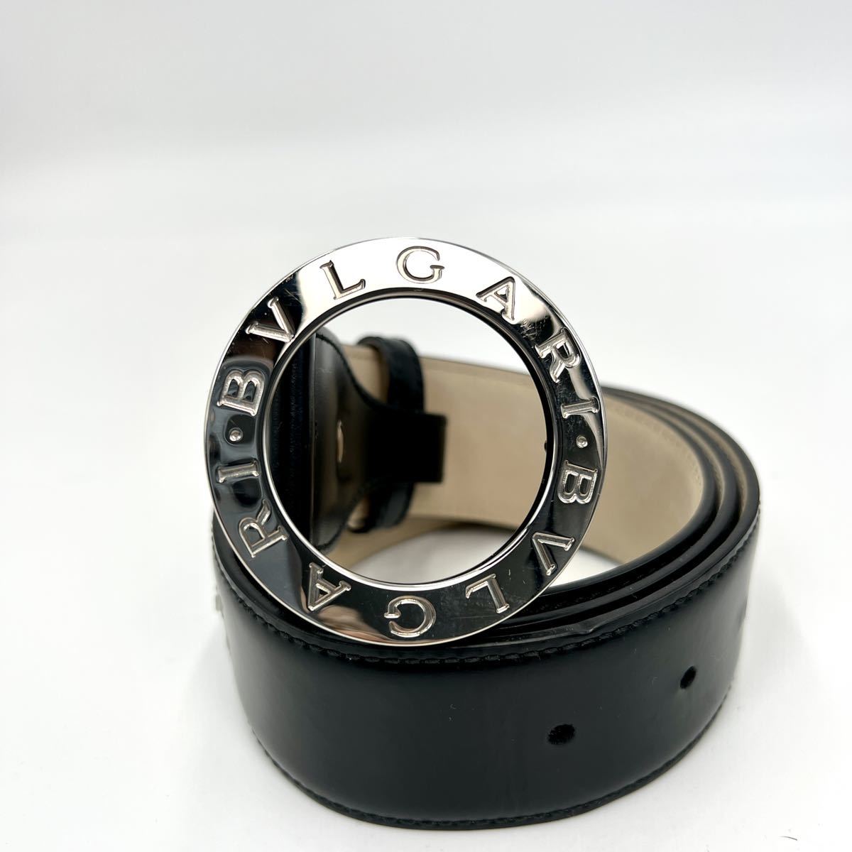 1円〜【紳士の相棒】 BVLGARI ブルガリ ベルト 太 サークルロゴ シルバー金具 黒 ブラック レザー 刻印 110 44 1スタ BVLGARI ブルガリ ベルト ブルガリ（ベルト サイズ：110⁄44 アショーマ