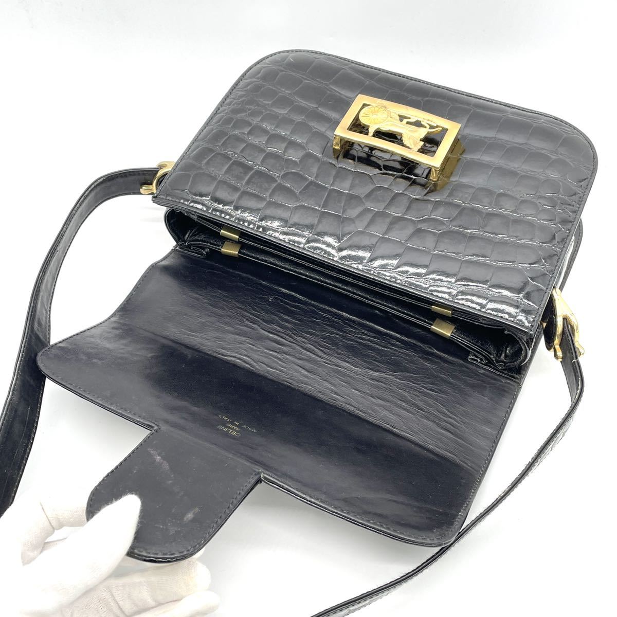 1円 希少 美品 CELINE セリーヌ 馬車金具 ホースキャリッジ クロコ 型 