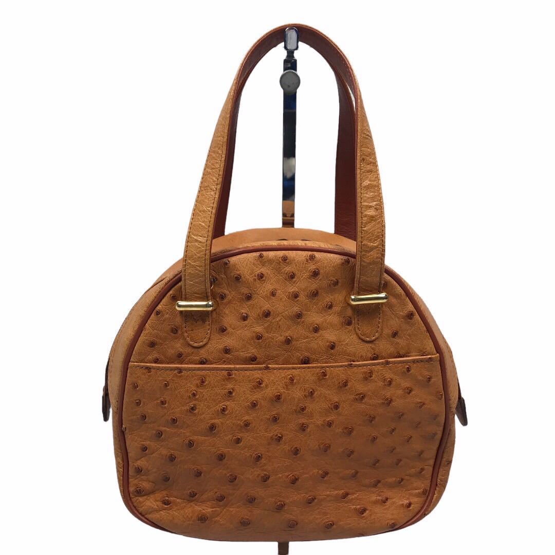 1684　オーストリッチ　ハンドバッグ　genuine ostrich　ダチョウ　駝鳥　エキゾチック　1円スタート キャメル オーストリッチ ハンドバッグ ostrich 美品 新品 本