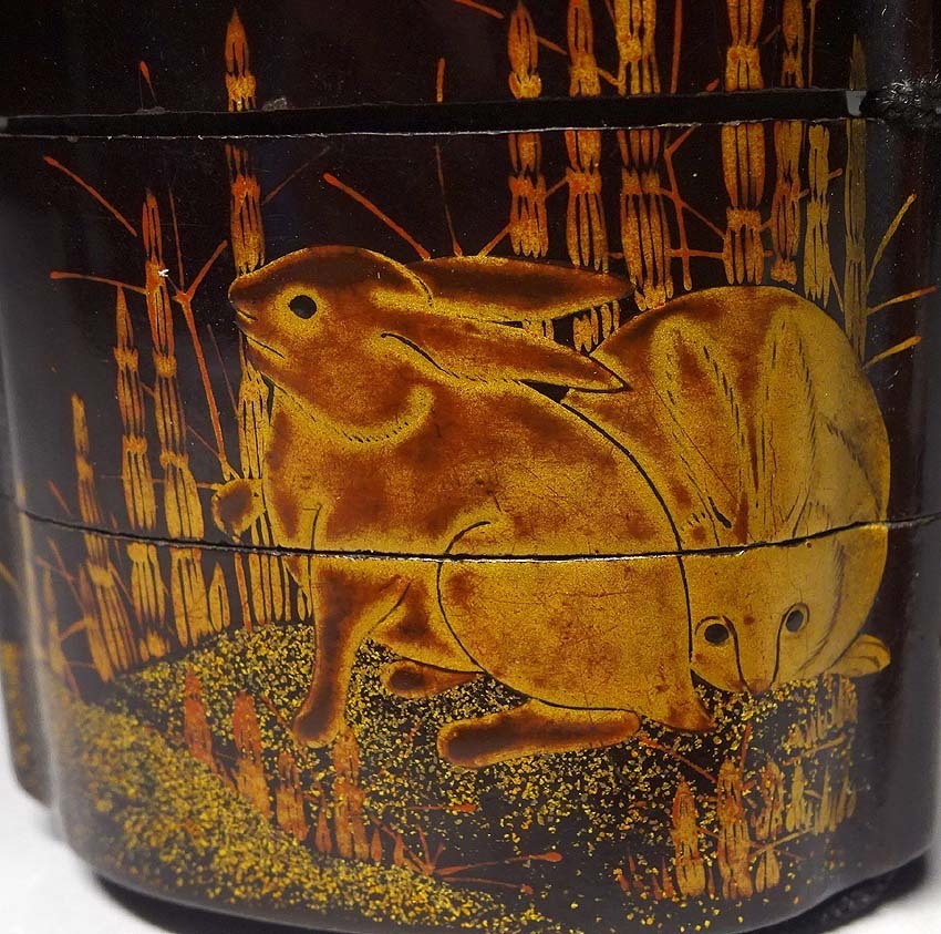 緑屋ss□時代物 印籠 蒔絵 兎 月 竹 木製漆器 古民具 提げ物 i2h/4-355  