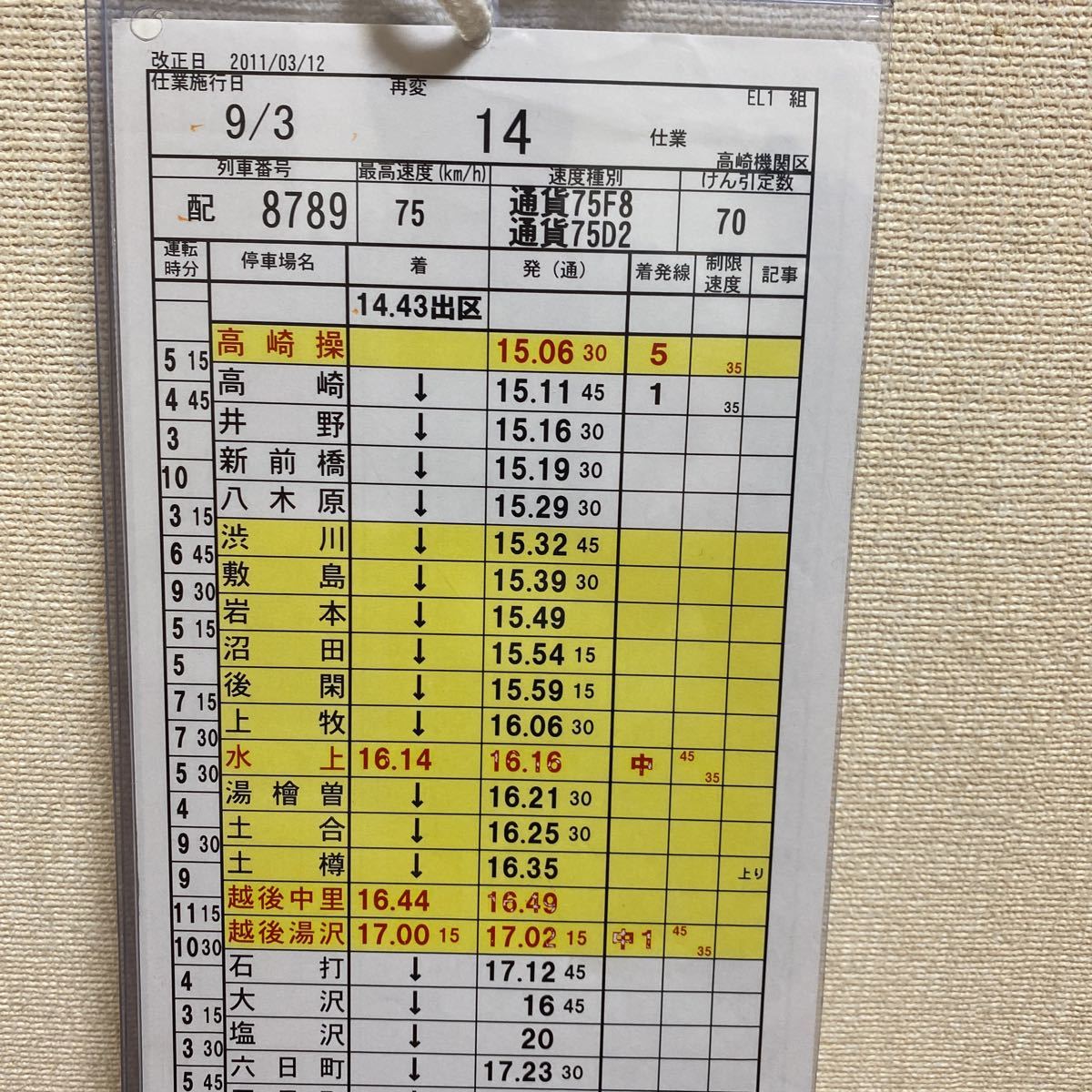 JR貨物.高崎機関区配給列車乗務行路揃いケース入スタフ(廃品、放出品