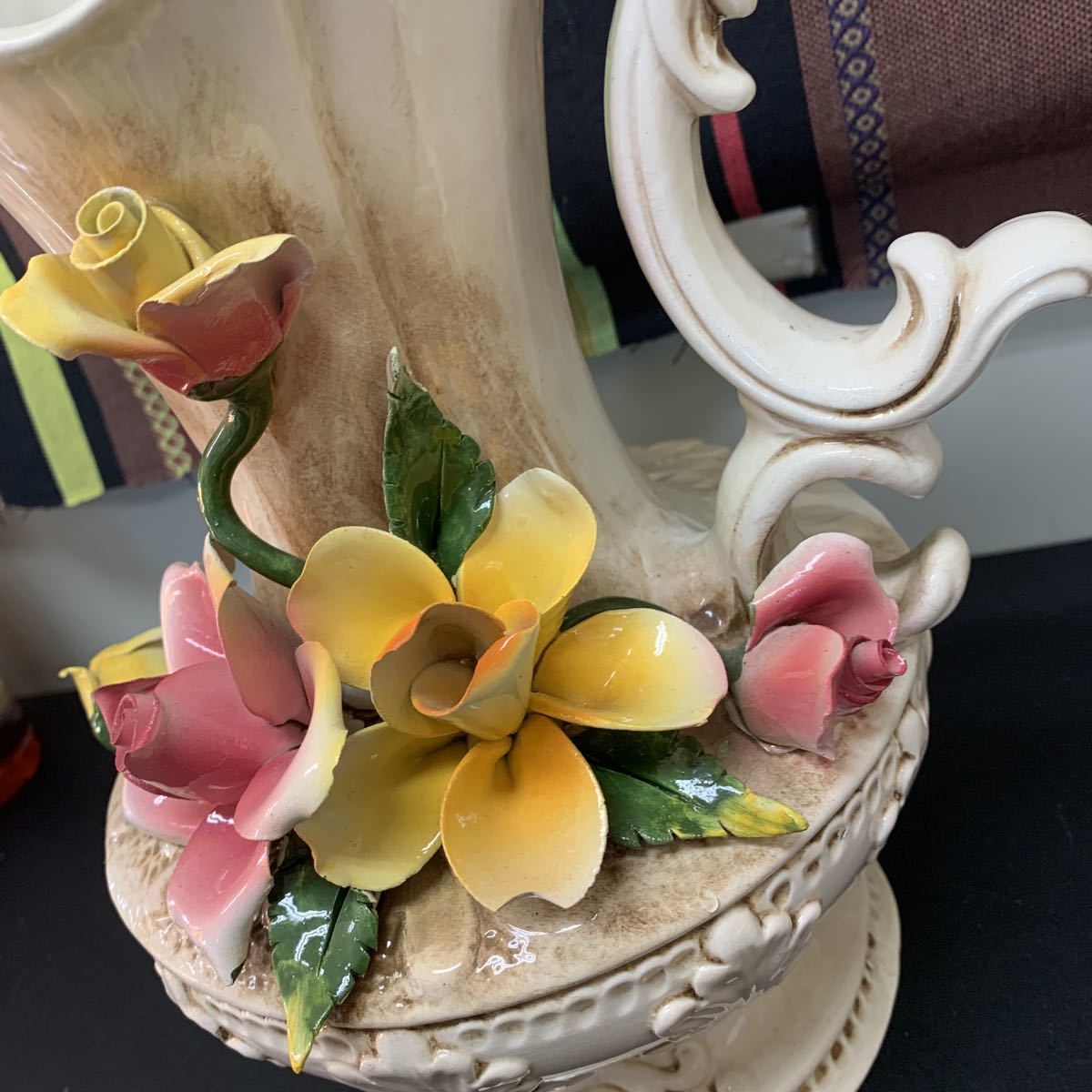 D0045 BASSANO ITALY 陶花 大花瓶 ☆ 高37.4㎝ 花器 花瓶 飾壺 飾壷 花 