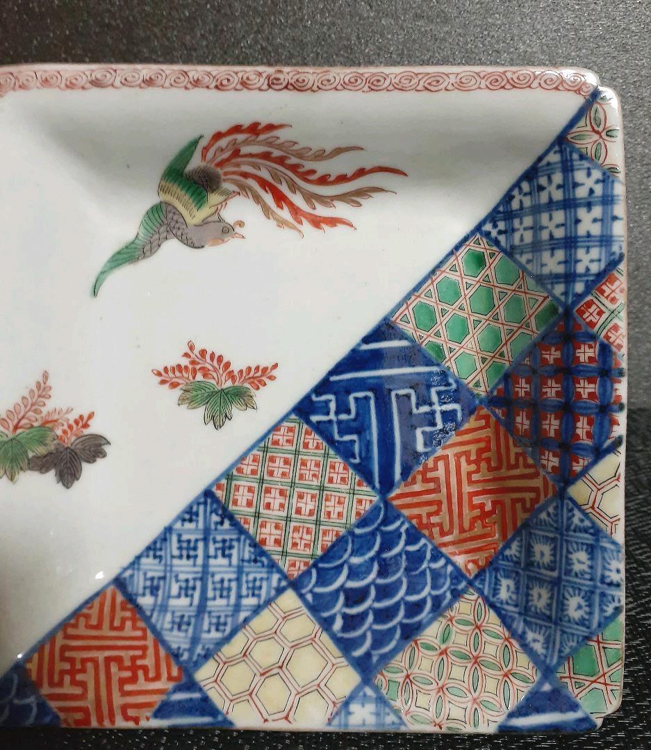 江戸時代 古伊万里 柿右衛門様式 鳳凰に桐 区割り文様 四方深皿