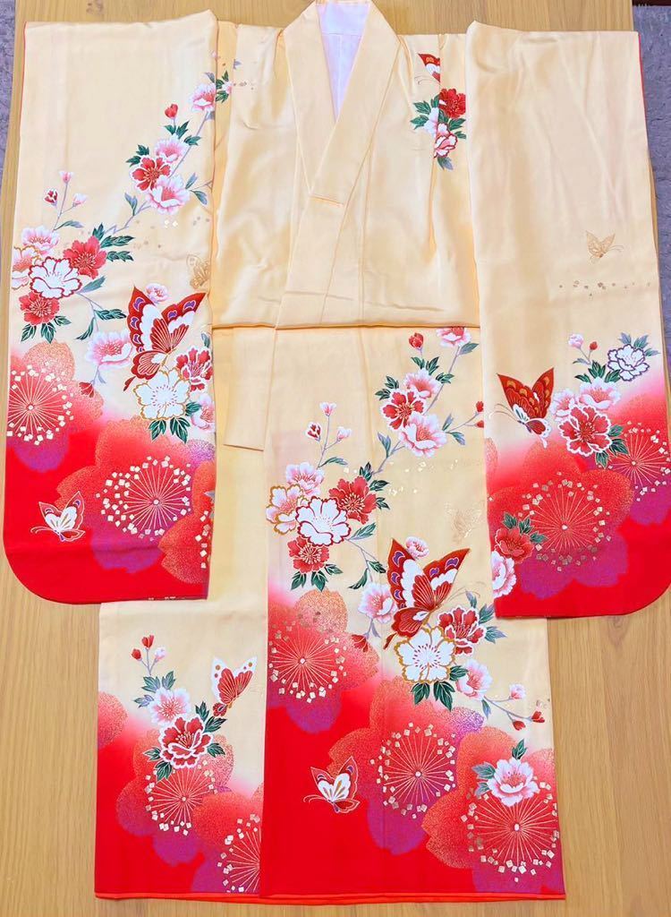 ◇桜に蝶と牡丹の絵羽柄♪正絹七歳女児祝い着◇上質生地 裄49(7) お