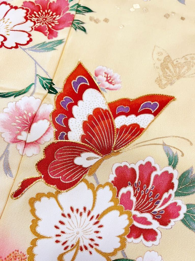 ◇桜に蝶と牡丹の絵羽柄♪正絹七歳女児祝い着◇上質生地 裄49(7) お