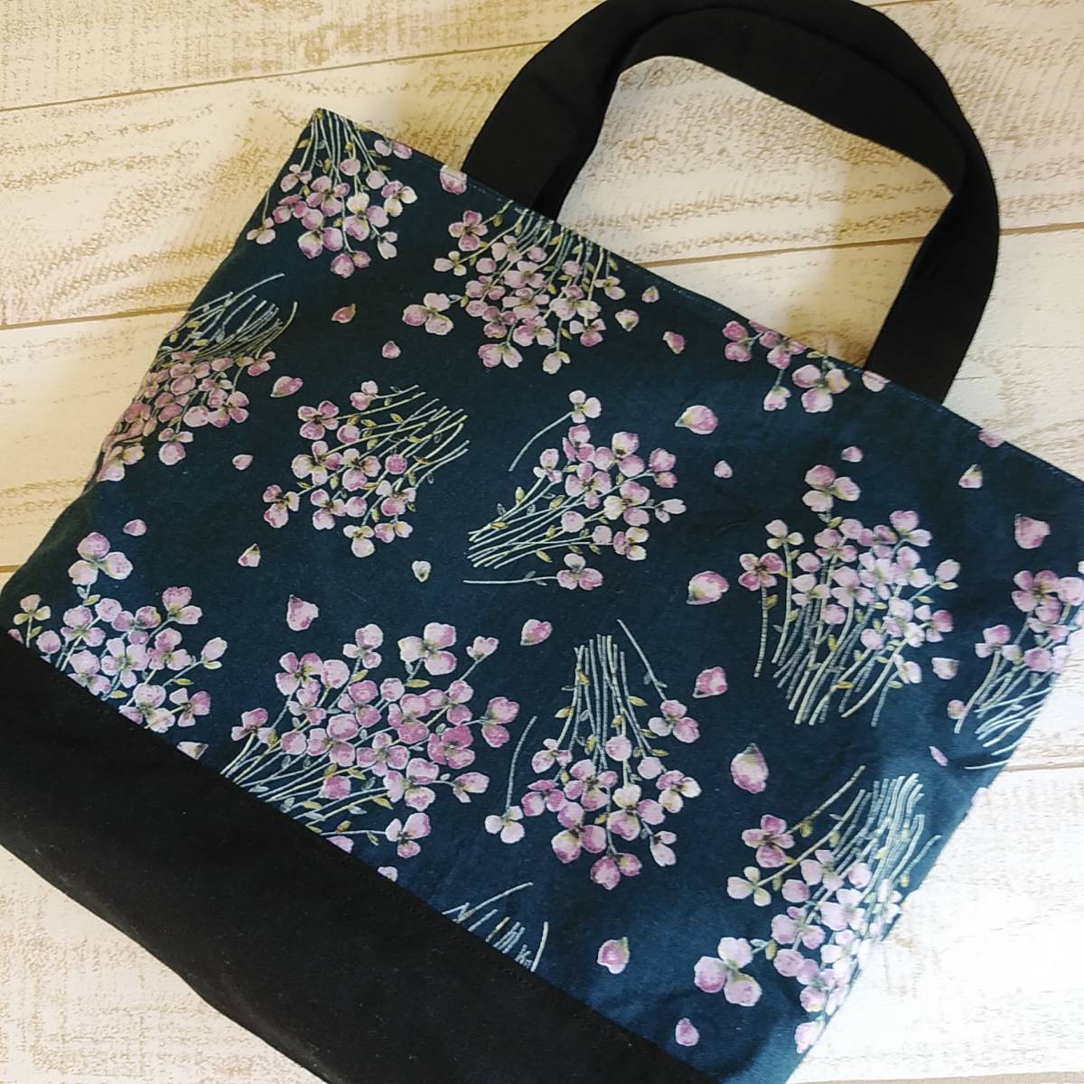 紺すみれブーケトートバッグ□ハンドメイド コットンリネン□サブ 