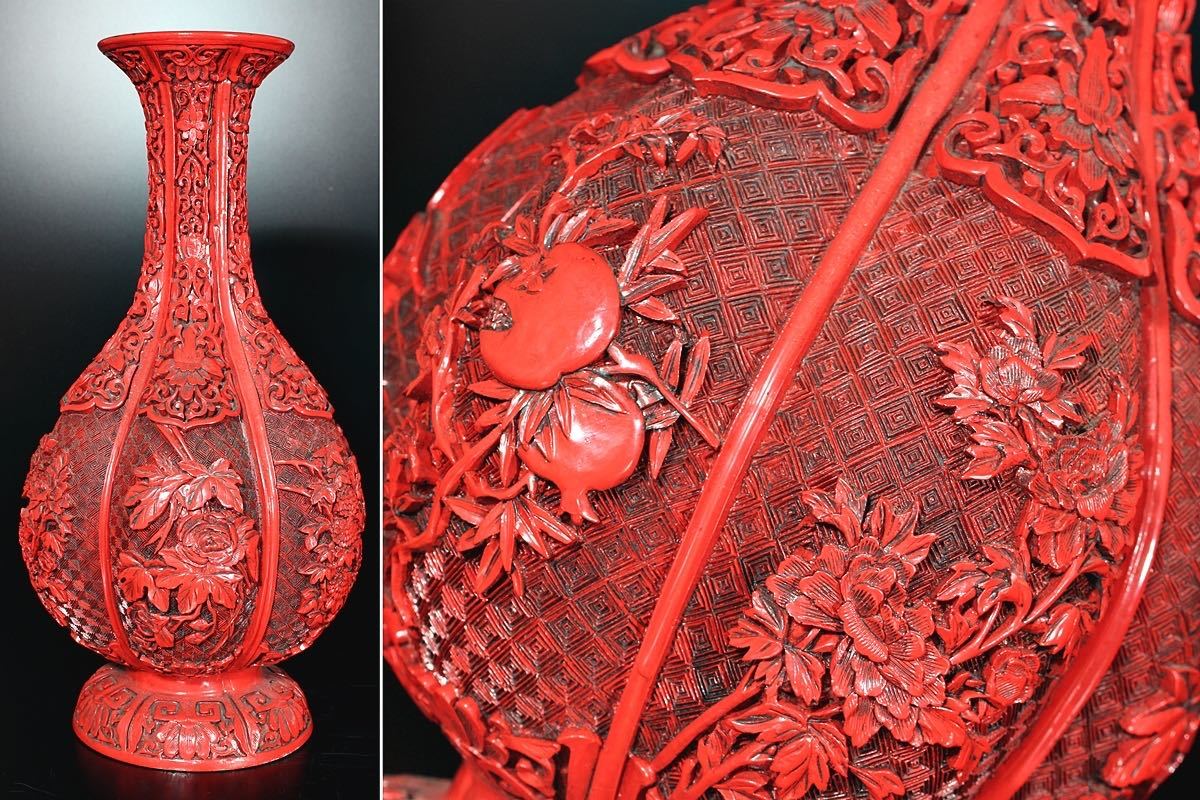 朱]中国美術/堆朱細工水花草彫瓜形大花瓶/H31cm/D-48(検)骨董/精密彫刻