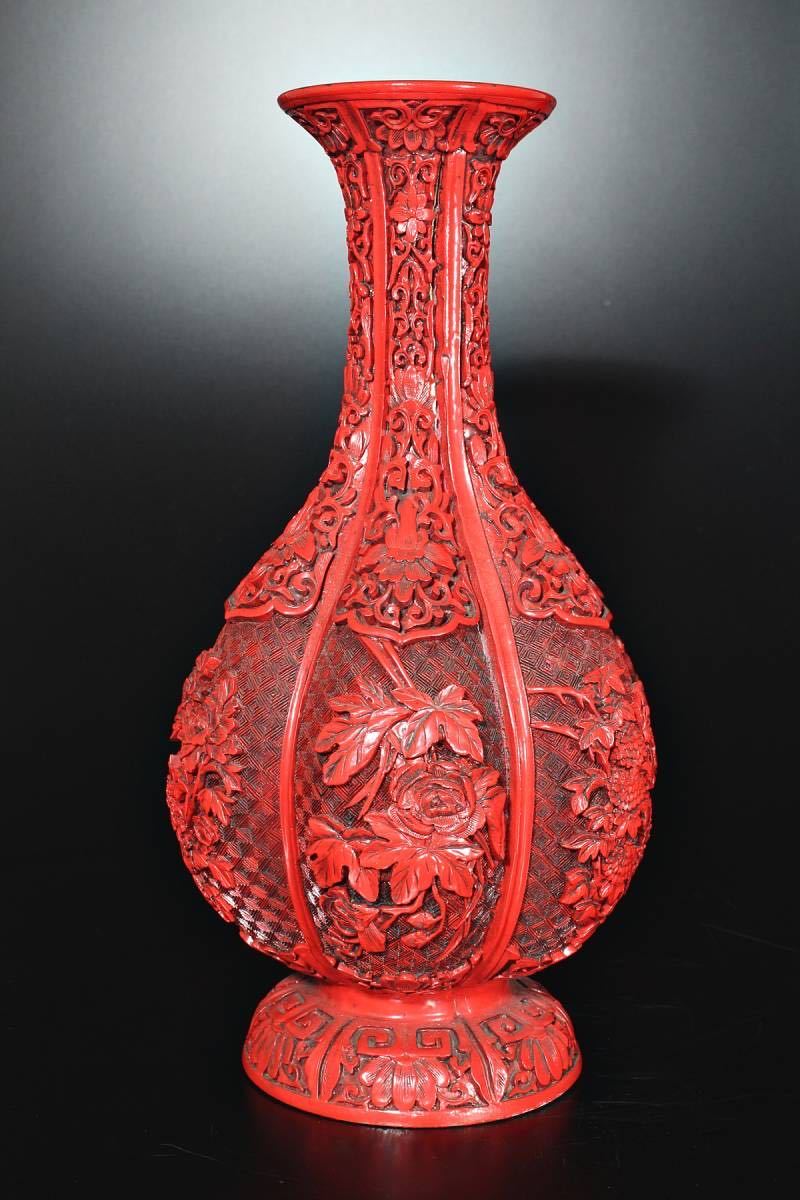 朱]中国美術/堆朱細工水花草彫瓜形大花瓶/H31cm/D-48(検)骨董/精密彫刻
