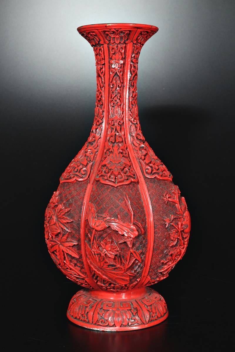 朱]中国美術/堆朱細工水花草彫瓜形大花瓶/H31cm/D-48(検)骨董/精密彫刻