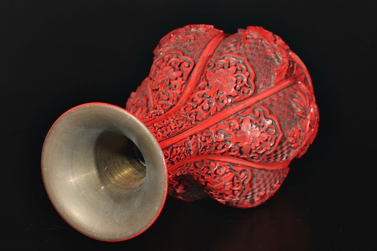 朱]中国美術/堆朱細工水花草彫瓜形大花瓶/H31cm/D-48(検)骨董/精密彫刻